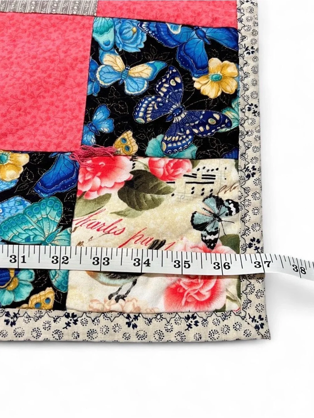 Handmade Patchwork Quilt Throw in Coral, Blue, Gray and Floral